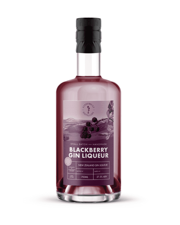 A clear glass bottle with deep purple liquid in it. On it is a purple label with illustrations of blackerry bushes, titled Blackberry Gin Liqueur.