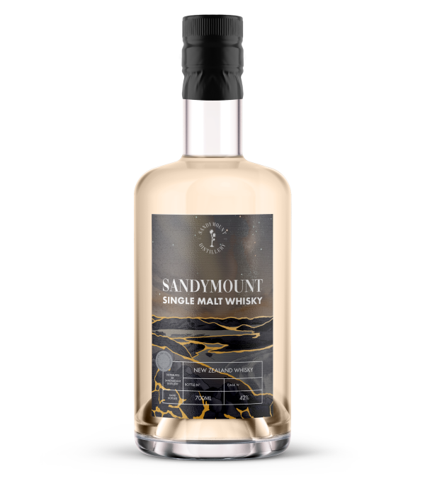 A glass bottle with whisky in it and a label on the front titled "Sandymount Single Malt Whisky". The label is a dark starry night backdrop.