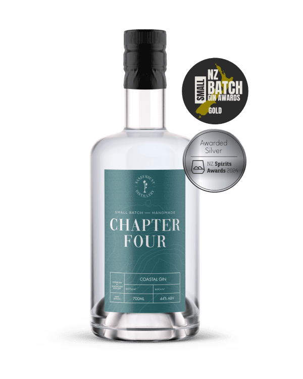 A clear glass bottle with a murky blue label on it that says Chapter Four gin